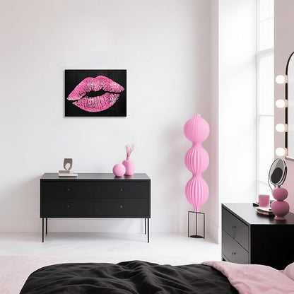 7CANVAS Black and Pink Lips Canvas Wall Art Fashion and Glam Poster Sexy Lip Picture Gallery Wrap for Bathroom Bedroom Makeup Room Wall Decor 24x18Inch