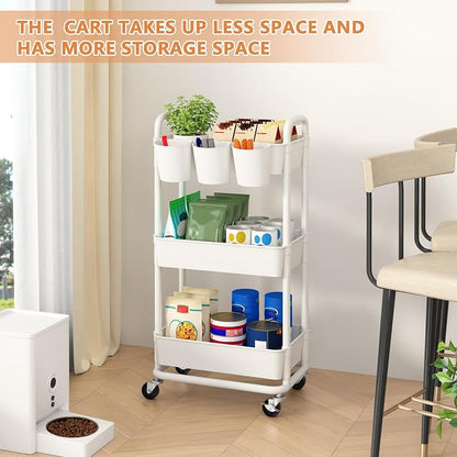 JIUYOTREE 3-Tier Plastic Rolling Storage Cart Utility Cart with Extra Hanging Cups Handles Lockable Wheels for Living Room Bathroom Kitchen Office White