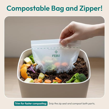 FEBU Compostable Food Storage Bags Variety Pack, 260 Count | Compostable & Biodegradable | PFAS & BPA Free | Drawer Organizer Box | 90 Snack, 90 Sandwich, 50 Quart, 30 Gallon