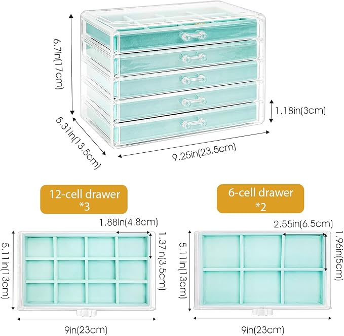 ProCase Earring Holder Organizer Jewelry Box with 5 Drawers, Acrylic Clear Earring Case with Adjustable Velvet Trays for Women - Aqua, 5 Layers