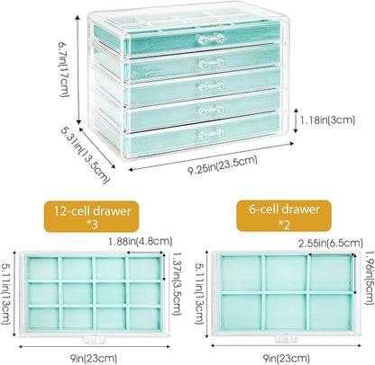ProCase Earring Holder Organizer Jewelry Box with 5 Drawers, Acrylic Clear Earring Case with Adjustable Velvet Trays for Women - Aqua, 5 Layers