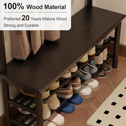 AQIMUELE Coat Rack with Shoe Storage, Wooden Hall Tree with Bench, 11 Hooks and 2-Tier Storage Shelves, 3-in-1, Entryway Bench with Coat Rack (39.3"-Black)