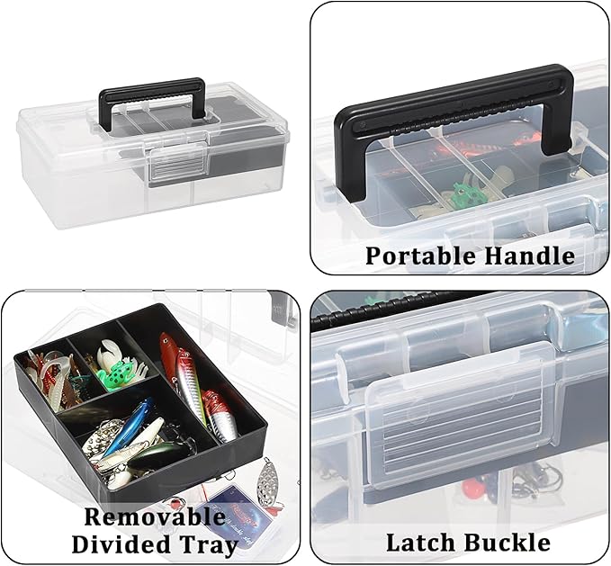 JUXYES 2 Pack Plastic Carry Storage Box with Removable Dividers, Clear Art Craft Supply Storage Bin Sewing Box with Handle Lid, 2 Layers Stationery Storage Case for School/Office Supplies Black