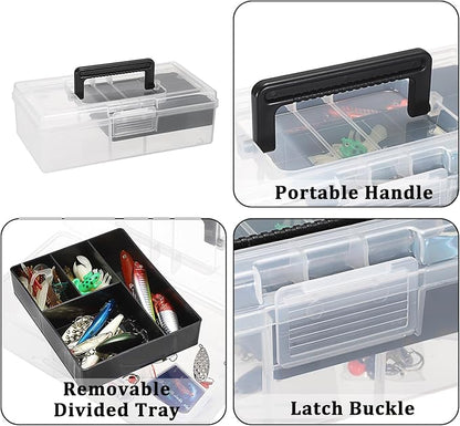 JUXYES 2 Pack Plastic Carry Storage Box with Removable Dividers, Clear Art Craft Supply Storage Bin Sewing Box with Handle Lid, 2 Layers Stationery Storage Case for School/Office Supplies Black
