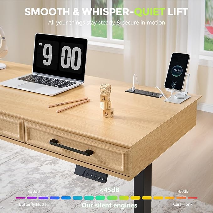 Electric Standing Desk with 3 Storage Drawers, 55x22 Inch Adjustable Height Office Computer Desk w/One-Piece Desktop & Power Outlets,Sit to Stand Up,Gaming Table for Study and Home, Natural Oak
