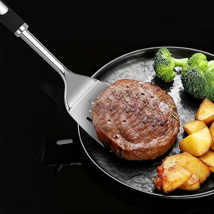 4-Piece Stainless Steel Utensils Set, Heavy-Duty Thickened Cooking Utensils – Solid & Slotted Turner, Solid & Slotted Spoon, Metal Spatula Set for Kitchen, Durable Steel Utensils for Cooking