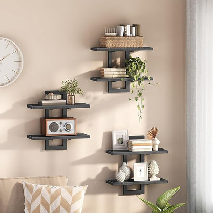 HOOBRO Floating Shelves, 15 Inch Wall Shelf Set of 3, Wall Mounted Storage Shelves 2-Tier, Hanging Bathroom Shelves, for Living Room, Bedroom, Bathroom, Kitchen, Black BK32BJP301