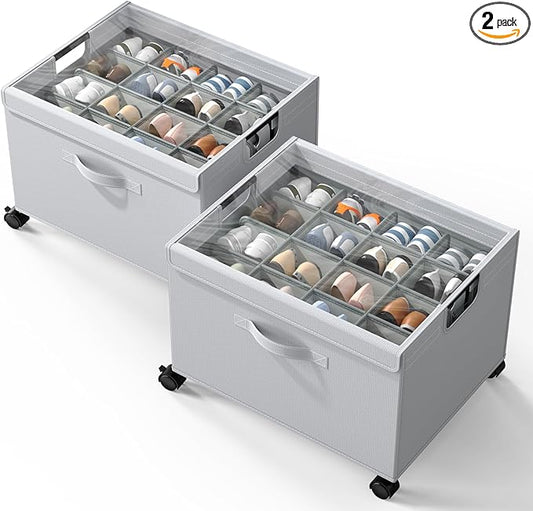 HOUSE AGAIN Shoe Organizer for Closet, 2 Pack Foldable Shoe Storage Organizer Box with Wheels and Adjustable Dividers, Sturdy Metal Frame Fits up to 16-32 Pairs, Large Shoes Storage with Clear Cover