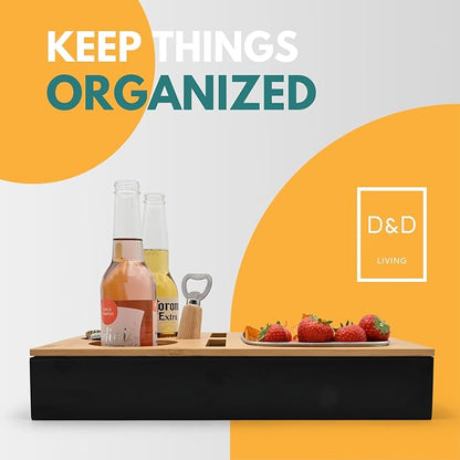 D&D Living® Couch Caddy - Bamboo Couch Console | Anti-Spill Drink and Cup Holder | Snack Organizer Tray for Sofa with Bottle Opener