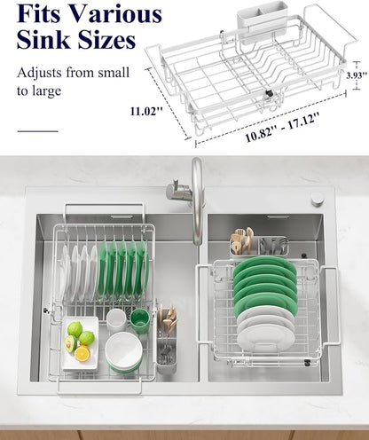 Kitsure Dish Drying Rack – Expandable in-Sink or Over-Sink Dish Rack for Kitchen Counter, Rust-Resistant Metal Dish Strainer with Cutlery Holder, 10.82"-17.12" L x 11.02" W x 3.93" H, Grey