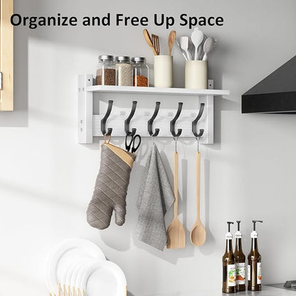 Coat Rack Wall Mount with Shelf, 17.1 Inch Coat Hanger Walls Mounted, Hat Rack for Walls, Shelf with 5 Coat Hooks, Wall Hanger for Entryway (White)