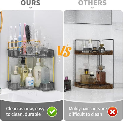 Upgraded 2-Tier Corner Bathroom Countertop Organizer – Spacious Storage for Makeup, Skincare & Perfumes, Built-in Brush Holder Fits Vanity/Dresser/Bsthtub (Slate Gray)