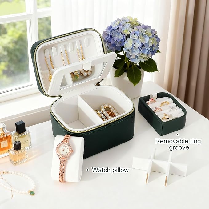 DesignSter Travel Jewelry Case,Small Jewelry Box with Mirror,Leather Material Travel Jewelry Case Organizer, Portable Jewelry Organizer with Zipper(Black)