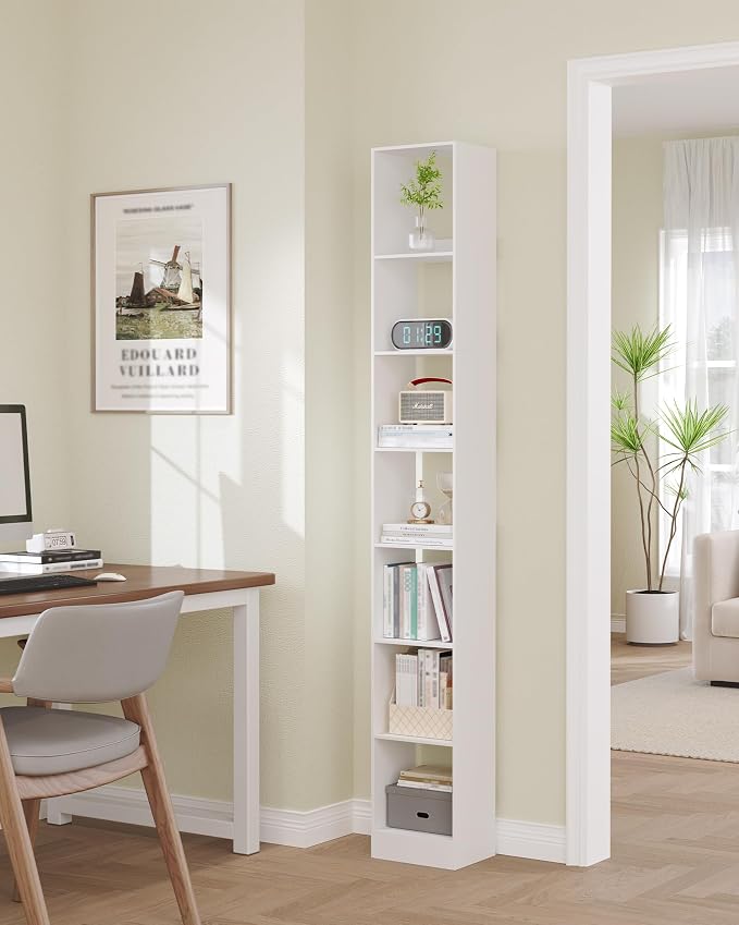 Hzuaneri Bookcase, Tall Narrow Bookshelf, Open Display Storage Shelf, Skinny Cube Book Shelf with Adjustable Shelves, CD Rack for Living Room, Home Office 7-Tier(9.4 x 11.8 x 84.3 inch) White BC79703X