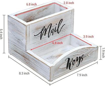 MyGift Shabby Whitewashed Solid Wood Mail Holder and Key Organizer Entryway Storage Tray with Cursive Mail and Keys Word Design, Office Desktop Organizing Bin