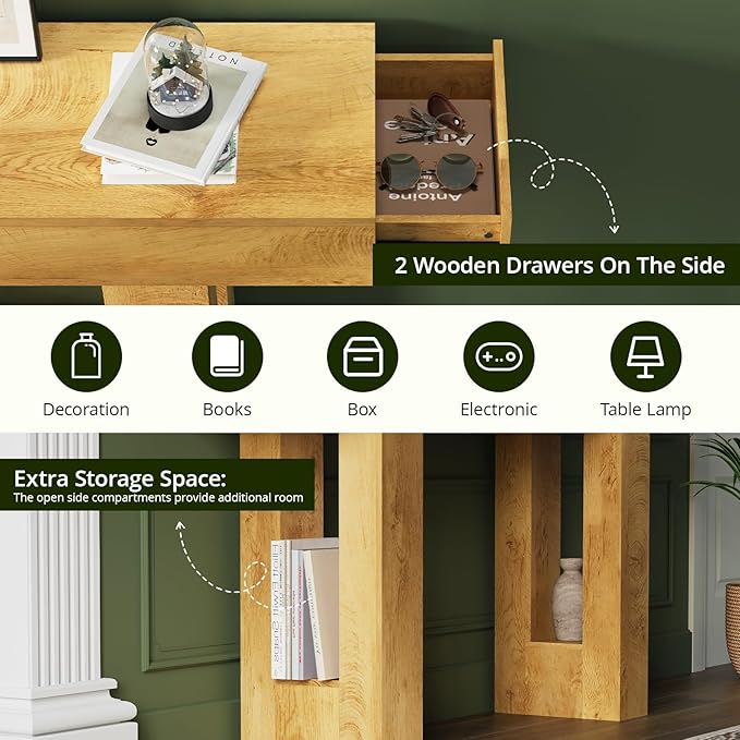 FURSUN 63 Inch Long Console Table with Storage, Narrow Wooden Sofa Table Behind Couch, Farmhouse Entryway Hallway Table for Living Room, Natural Oak