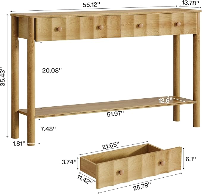 Tribesigns Console Table with 2 Drawers, 55-Inch Fluted Entryway Table, Modern Narrow Sofa Table with Open Shelf, Accent Console Furniture for Living Room, Hallway, Foyer, Light Oak