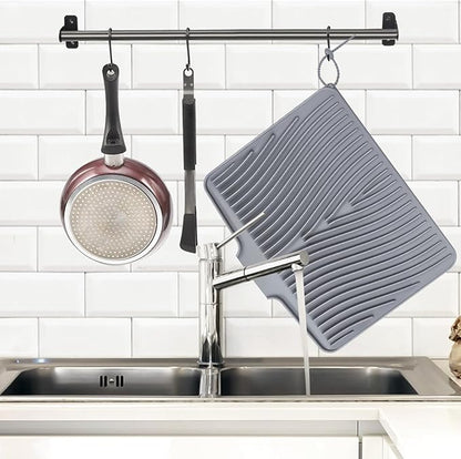 TIKNIK Silicone Dish Drying Mat for Kitchen Counter - Heat Resistant & Non-Slip Dish Drain Pad with Built-In Drain, Dishwasher Safe, Quick-Dry, Hangable & Roll-Up for Storage, Grey-2pcs, 20" x 15"