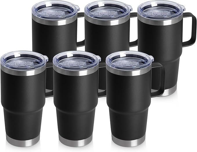 20oz Tumbler Bulk with Lid, Stainless Steel Tumbler Bulk with Handle, Metal Insulated Travel Coffee Mug Set with Handle, Double Wall Vacuum Leak Proof Tumbler Cup, Black 6 Pack