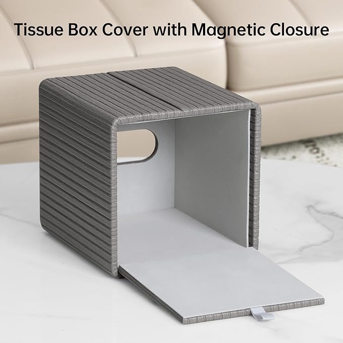 MEIBOOCH PU Leather Tissue Box Cover Square Tissue Box Holder with Magnetic Closure (Slate Grey)