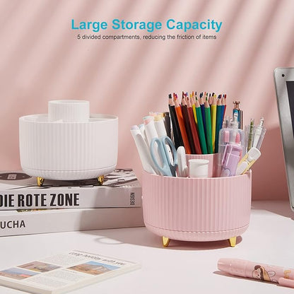 360 Degree Rotating Desk Pen/Pencil Holder, 5-Slot Organizer, Cute Pink Desk Accessory