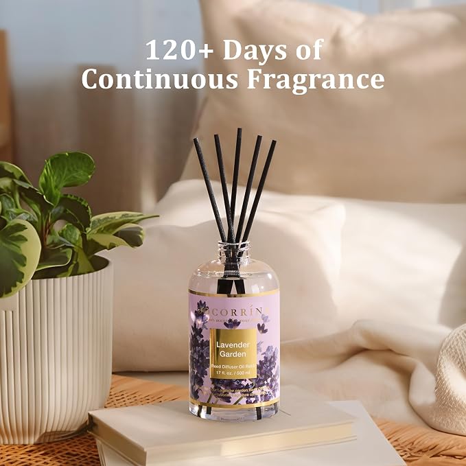 Cocorrína Reed Diffuser Refill Lavender Garden 17oz (500ml) with 8 Rattan Sticks - Premium Long-Lasting Scented Oil, Home Fragrance for Bedroom, Bathroom Home Decor