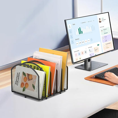 Desk File Organizer 5 Sections Desktop Organizer File Mail Sorter Office Organization File Folder Holder for Office School & Classroom (Black, 5 Section - 2Pack)
