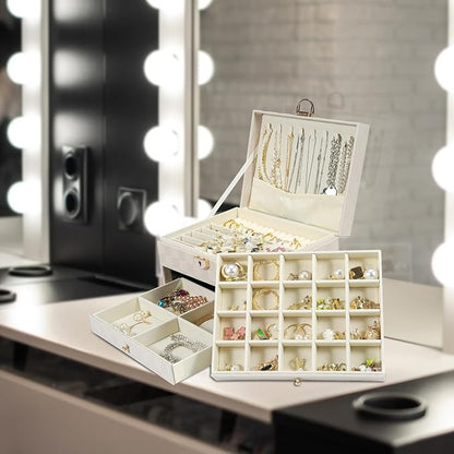 GUOER Jewelry Box for Women Girl Wife - Large PU Leather Jewelry Organizer Storage Case with 3 Layers Display for Earrings Bracelets Rings Watches (Light Khaki)