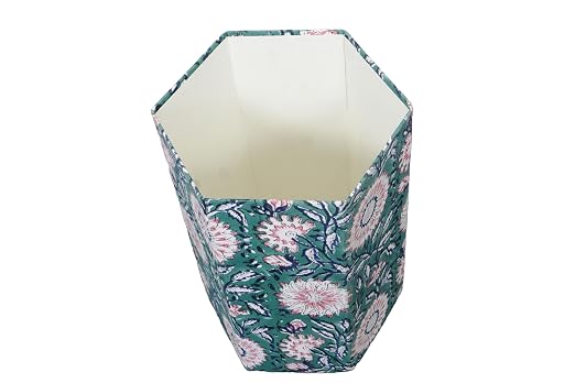 3.3 Gallon Cotton Hand Block Printed Paper Waste Basket |Small Decorative Trash Can for Housewarming Gifts in Living Room, Bedroom, Bathroom | Eco-Friendly, Plastic-Free (1, Green Pink FLOWAR)