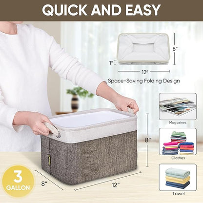 BALEINE 2 Pack Fabric Storage Bins for Shelves, Linen Storage Baskets for Organizing, Decorative Closet Bins for Clothes, Home (Brown, 12"x8"x8")