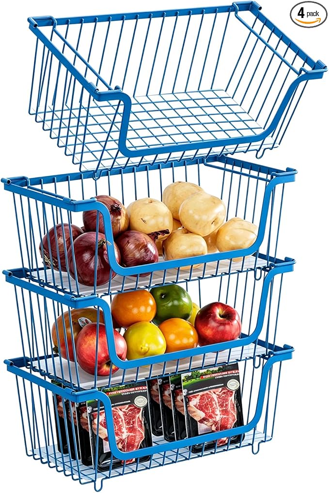 GAOKASE 4 Pcs Stackable Wire Baskets for Pantry Organizers and Storage,Vegetable Fruit Basket for Countertop,Kitchen Storage Metal Baskets,Produce Potato Onion Storage Bin,blue