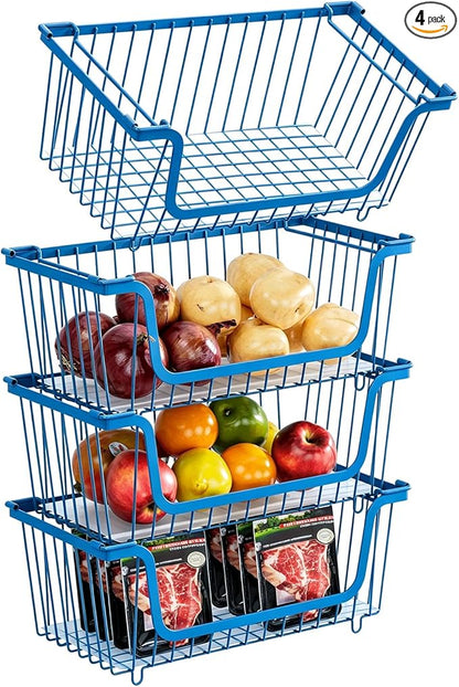 GAOKASE 4 Pcs Stackable Wire Baskets for Pantry Organizers and Storage,Vegetable Fruit Basket for Countertop,Kitchen Storage Metal Baskets,Produce Potato Onion Storage Bin,blue
