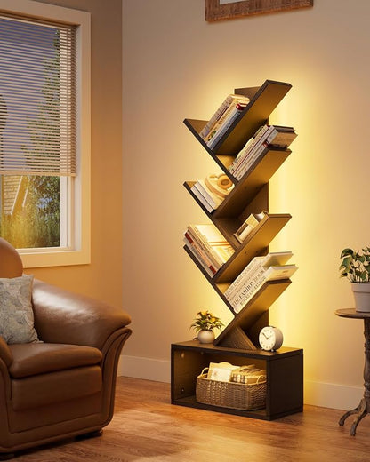 Evermagin 6 Tier Tree Bookshelf with Lights, LED Book Tree Bookcase with Storage Organizer, Small Corner Bookshelf Floor Standing Book Shelf for Living Room, Bedroom & Home Office, Black