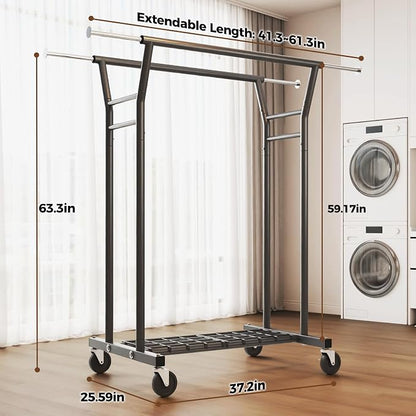 HYSEYY Heavy Duty Clothes Rack, Rolling Clothing Rack for Hanging Clothes with Shelves Load 700LBS,Portable Garment Wardrobe Closet Rack with Wheels for Bedroom,Laundry Room,Retail Store,Black