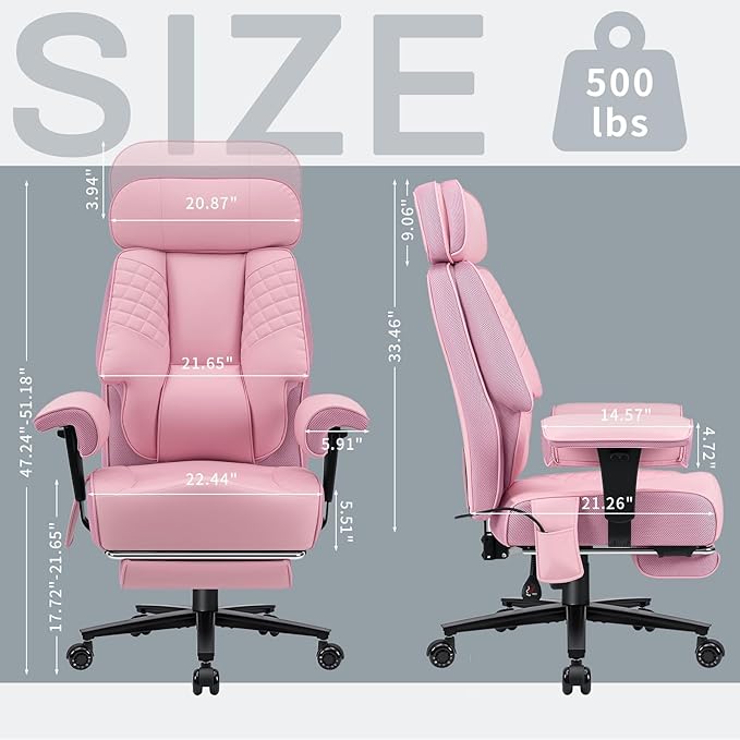 HOFFREE Big and Tall Office Chair 500lbs for Heavy People Executive Office Desk Chair with Wide Seat PU Leather Computer Chair with Adjustable Lumbar Support Pink