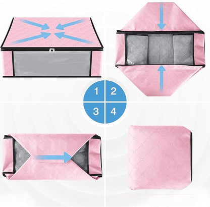 HomeHacks Storage 6-Pack Clothes Organizer Storage Bags Foldable Storage Box with Large Clear Window Sturdy Handles for Closet, Dorm, Pillows, Bedding, Clothes, Blankets, 35L, Pink