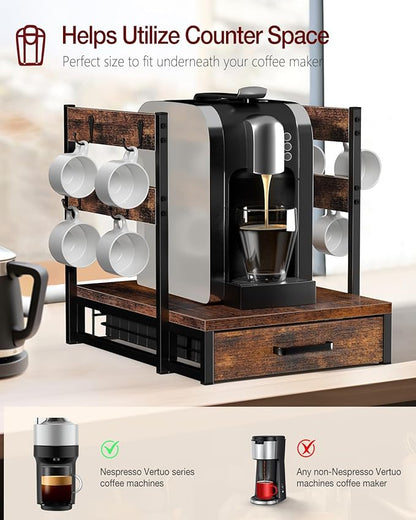 Evermagin Coffee Pod Holder, Vertuo Pod Holder Compatible with Nespresso, 28 Large or 56 Small Nespresso Capsule Organizer Drawer Station with Cup Rack, Rustic Brown