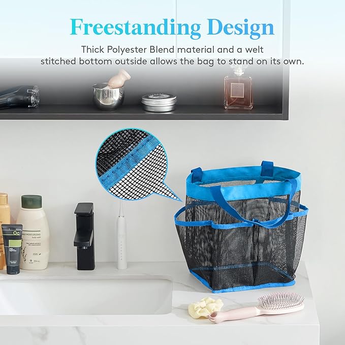 Lifewit Mesh Shower Caddy Portable for College Dorm Room Essentials with 7 Pockets, Freestanding Hanging Organizer Basket, Quick Dry Tote Bag for Camping, Bathroom, Beach, Travel, 1 Pack, Blue