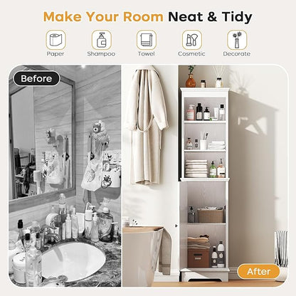 Narrow Bathroom Storage Cabinet with Door and Open Adjustable Shelves, 60.9" H Wooden Tall Tower Corner Farmhouse Cabinet, Freestanding Organizer for Kitchen, Entryway White