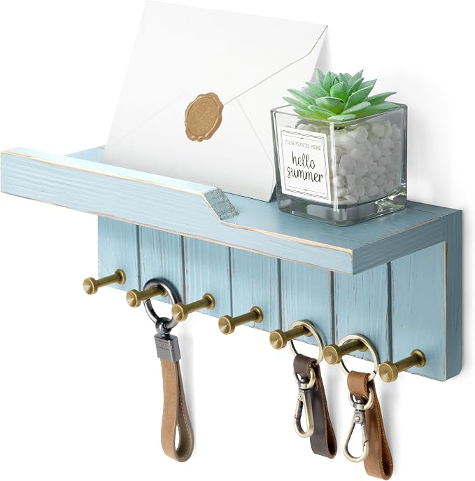 Rebee Vision Key Holder Wall Mount for Boho Decor - Key and Mail Holder for Wall with 7 Sturdy Key Hooks and Floating Shelf - Room Decor Aesthetic (Distressed Blue)