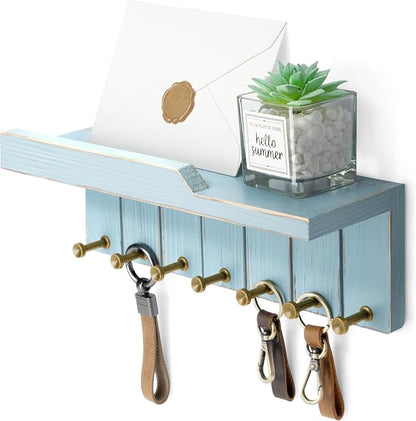 Rebee Vision Key Holder Wall Mount for Boho Decor - Key and Mail Holder for Wall with 7 Sturdy Key Hooks and Floating Shelf - Room Decor Aesthetic (Distressed Blue)
