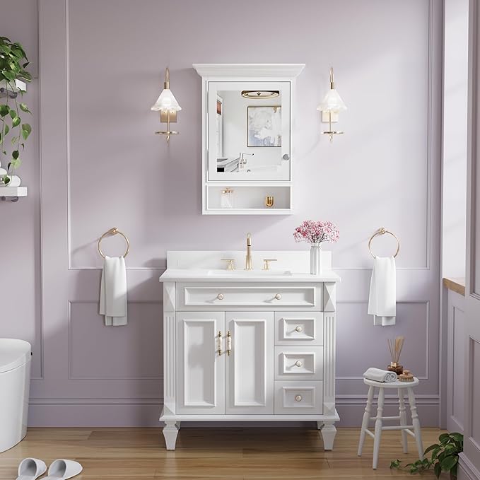 WELLFOR 24"x 32" Wall Mounted Wood Medicine Cabinet with Mirrors for Bathroom, 3-Tier Shelves and External Storage, Solid Wood Medicine Cabinet with Mirror, Anti-Fog Glass Mirror Cabinet