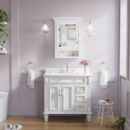 WELLFOR 24"x 32" Wall Mounted Wood Medicine Cabinet with Mirrors for Bathroom, 3-Tier Shelves and External Storage, Solid Wood Medicine Cabinet with Mirror, Anti-Fog Glass Mirror Cabinet