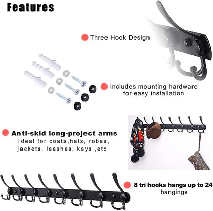 Dseap Coat Rack Wall Mount - 29.5” Long 8-Tri-Hooks Heavy Duty Coat Hanger Rail Wall Hooks for Hanging Coats Hats Clothing Clothes Purse Mudroom Entryway, Black, Pack of 2