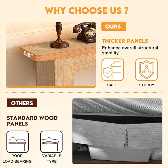 43 Inch Entryway Table U-Shaped Extension, 1.6 Inch Thick Desktop Wooden Console Table with Socket Farmhouse Sofa Table for Entrance, Hallway, Living Room,Behind Couch((Oak Brown)