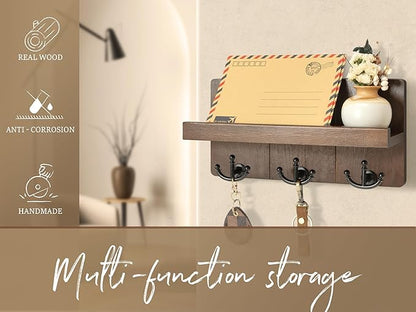 Rebee Vision Farmhouse Key Holder for Wall with Shelf: Decorative Mail Organizer and Key Rack Wall Mount with 3 Anchor Hooks - Rustic Entryway Decor (Retro Brown)