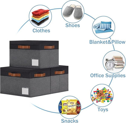 GhvyenntteS Extra Large Storage Bins with Lids, Foldable Fabric Storage Boxes with Lids and Handles, Storage Baskets with Lid and Label for Home Office (3 Pack, Grey&Black, 15.75" x 11.8" x 10.2")
