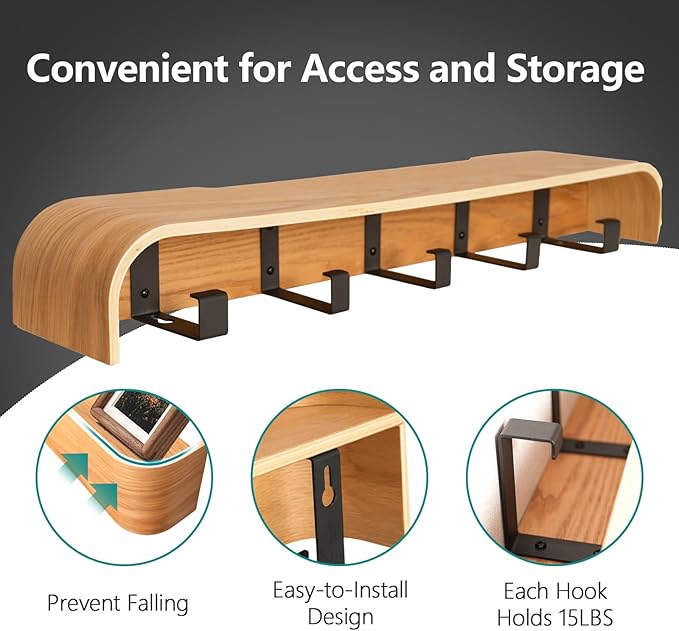 Coat Rack Wall Mount with Hidden Hooks Modern Key Holder Wood Entryway Hook with Shelf for Bedroom Kitchen Hallway Bathroom Designed for Hanging Coats Hats Bags Towels Dog Leashe(Oak,5 Hooks)