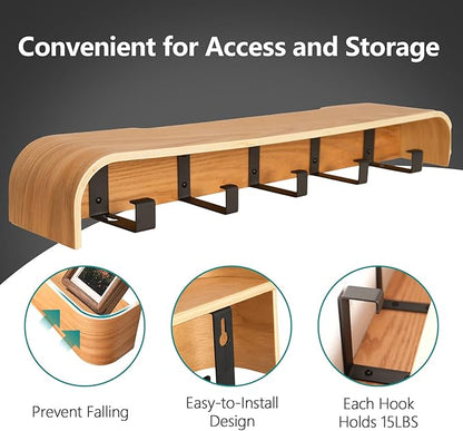 Coat Rack Wall Mount with Hidden Hooks Modern Key Holder Wood Entryway Hook with Shelf for Bedroom Kitchen Hallway Bathroom Designed for Hanging Coats Hats Bags Towels Dog Leashe(Oak,5 Hooks)