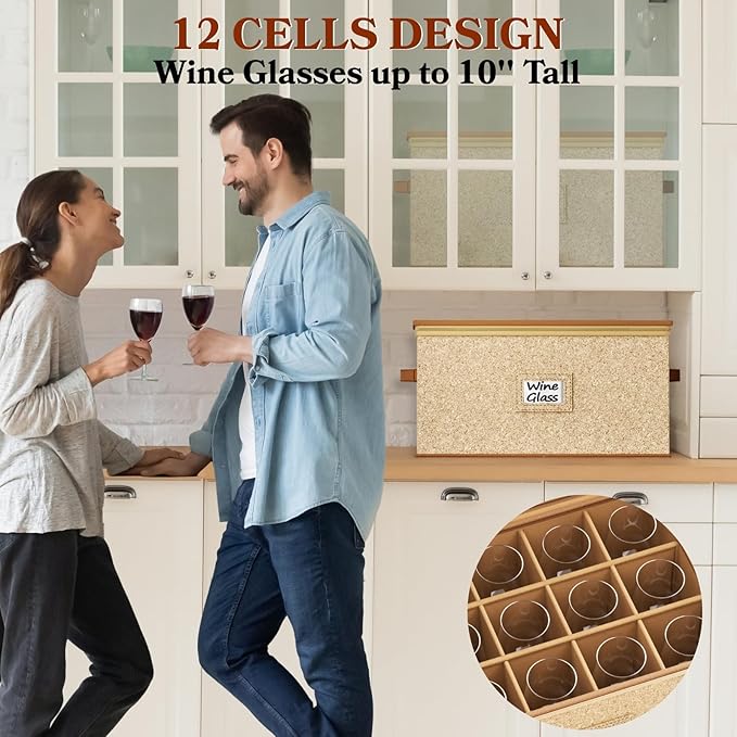 2 Pack Wine Glass Storage Box with Dividers, Hard Shell, Stackable Glassware Storage Containers with Handles & Label, 10'' Tall Stemware Storage Cases for 24 Wine Glasses, Moving & Home Storage